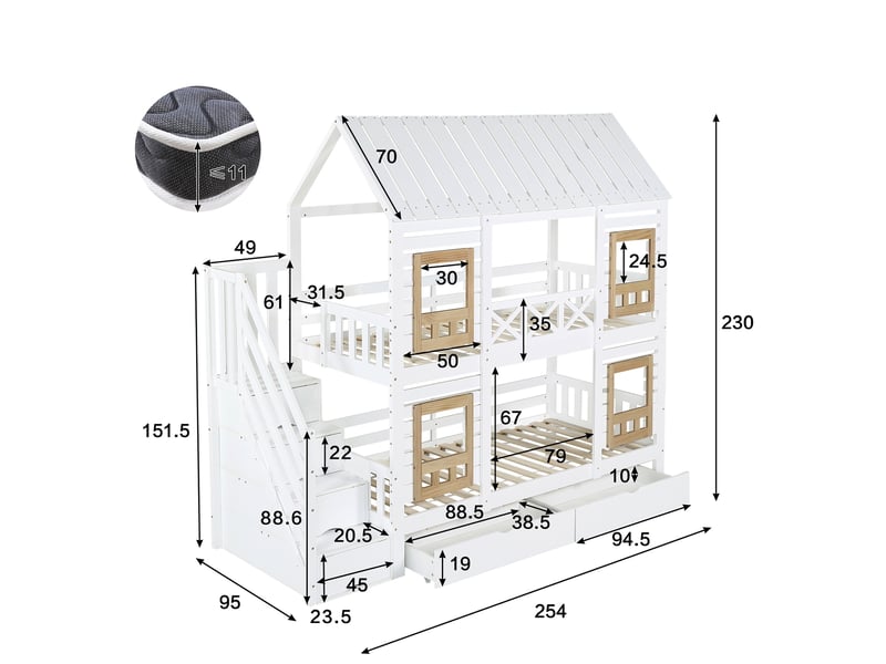 Lit superposé enfant 90x200 cm, avec escalier de rangement de sécurité et 2 tiroirs sur roulettes, en bois de pin massif et mdf, blanc et naturel - Conforama E