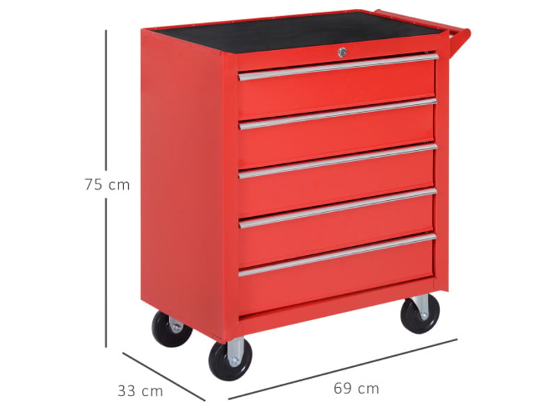  Servante d’atelier mobile en acier rouge, 5 tiroirs verrouillables, tapis eva, charge max. 150 kg  - Conforama E