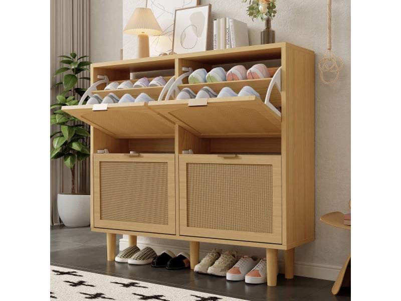  Meuble à chaussures 100 x 25 x 90 cm, 4 tiroirs à abattant en rotin, chêne clair, style campagne  - Conforama B