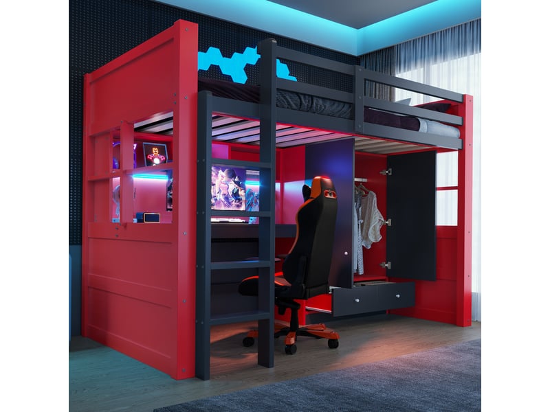  Lit mezzanine 90 × 200 cm avec bureau, armoire, tiroirs, rangements et échelle, style gaming noir et rouge  - Conforama D