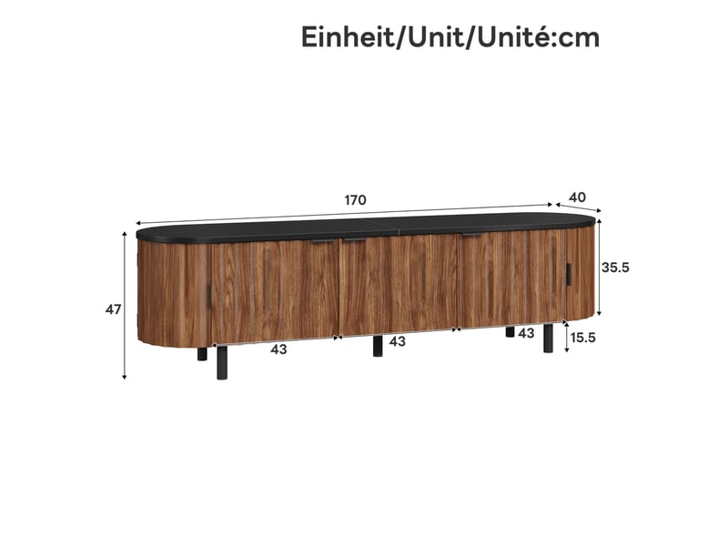  Meuble tv 170x40x47 cm noyer en mdf, 5 portes striées, côtés arrondis, piètement en métal pour salon  - Conforama C