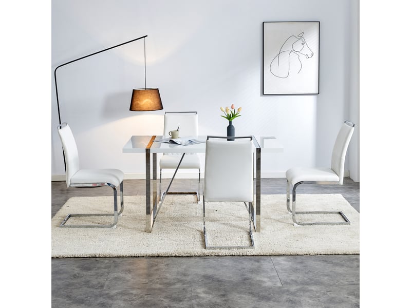  Chaise de salle à manger ergonomique avec dossier haut rembourré et patins de protection, métal blanc, 42 × 48 × 95 cm  - Conforama C