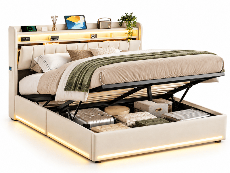  Lit coffre hydraulique 160x200cm avec led et usb tpye c, lit double rembourrée avec sommier, lit capitonné 2 personnes, rangement de chevet, tête de lit avec étagère ouvertes, poches latérales, cadre de lit, beige, gris, chambre…  - Conforama A