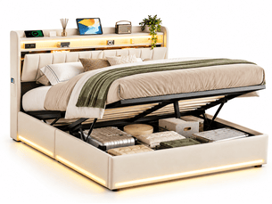 Lit coffre hydraulique 160x200cm avec led et usb tpye c, lit double rembourrée avec sommier, lit capitonné 2 personnes, rangement de chevet, tête de lit avec étagère ouvertes, poches latérales, cadre de lit, beige, gris, chambre adulteado-sans matelas