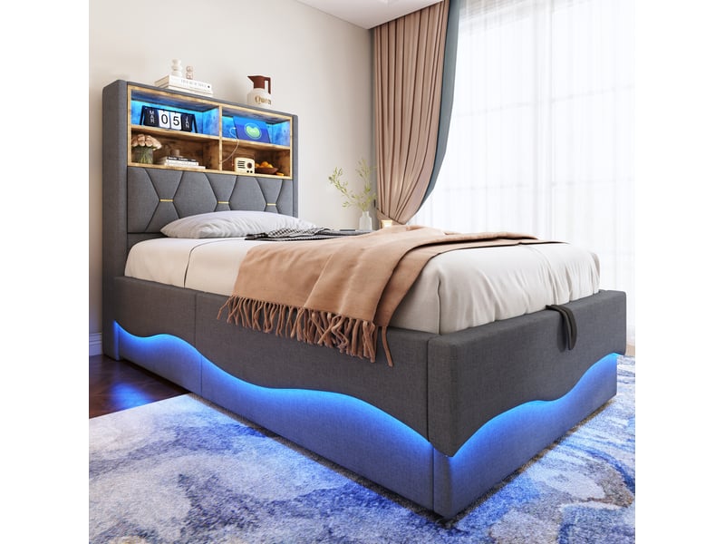  Lit enfant 90 x 200 cm avec sommier métallique, coffre hydraulique et éclairage led gris  - Conforama D