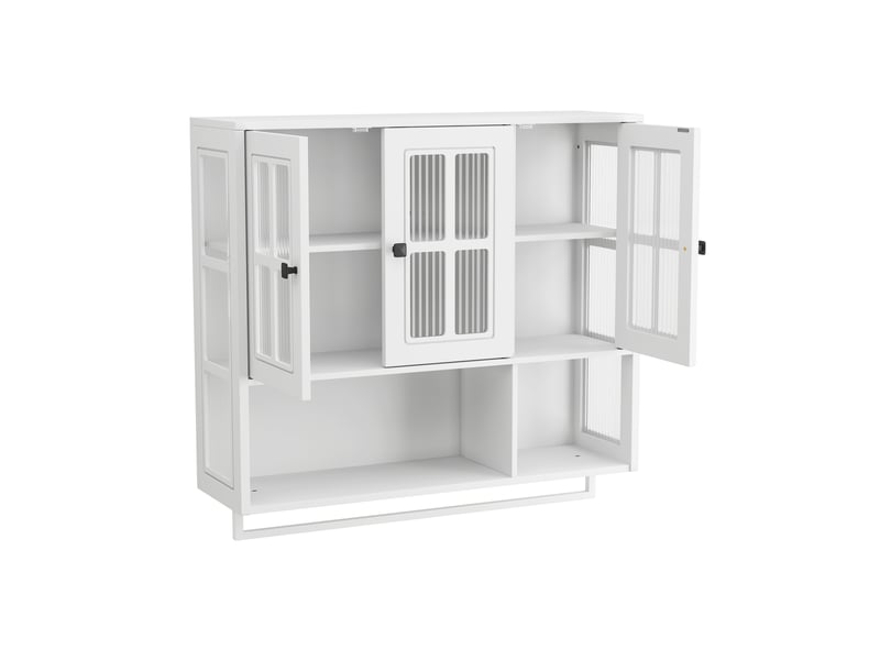 Armoire murale modèle bath 3 portes, blanc, bois, rangement ouvert caché, porte vitrée, barre serviette - Conforama D
