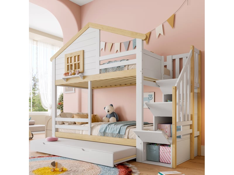  Lit superposé 90x200 cm avec lit gigogne, escalier de rangement et design maisonnette, blanc et naturel, sans matelas  - Conforama E