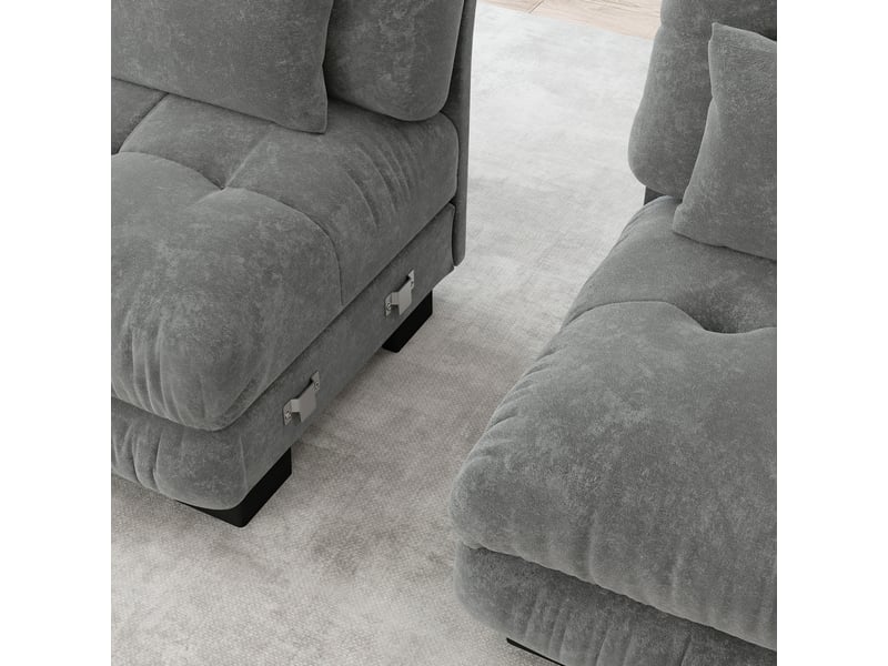  Canapé d'angle modulable en chenille gris avec ottomans mobiles et coussins d'appoint pour salon  - Conforama D