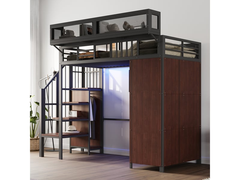  Lit mezzanine métal 90 x 200 cm noir avec armoire à portes coulissantes, led connectée, échelle rangement, garde-corps grille et étagères amovibles  - Conforama C