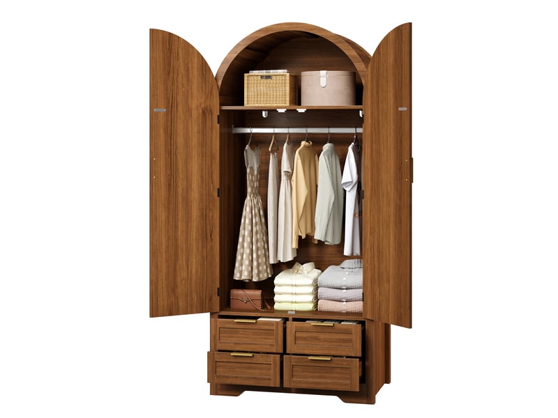 Armoire penderie 80x50x180 cm, portes courbées en rotin, tringle, tiroirs, étagères, grand rangement pour chambre - noyer - Conforama B