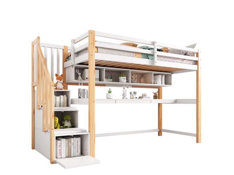 Lit mezzanine 90x200 cm, lit enfant avec escalier de rangement, bureau, bibliothèque, sans matelas, naturel et blanc - Conforama A
