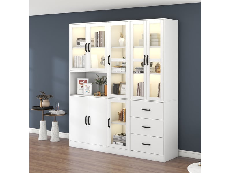  Vitrine haut 180x40x200 cm avec led, 8 portes et 3 tiroirs blanc  - Conforama D