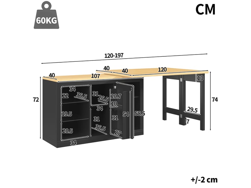 Îlot de cuisine extensible 120–197x40x72 cm avec plateau pivotante 360°, rgb led, rangement vitré et étagère réglables, noir - Conforama C