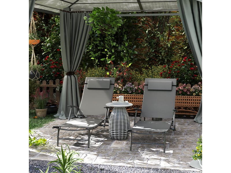  Ensemble de 2 chaises longues de jardin pliantes avec dossier réglable sur 4 niveaux et coussin, grises  - Conforama B
