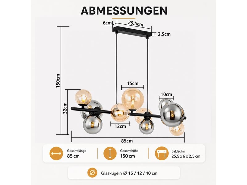  Nettlife suspension lampe salle à manger en verre 10 flammes, luminaire suspendu pour cuisine et salon  - Conforama C
