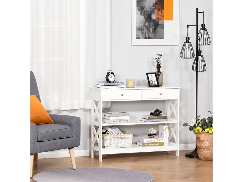  Console à 2 tiroirs et 2 étagères, idéale pour l'entrée ou le salon. En mdf, 100 x 30,5 x 80 cm, blanche.  - Conforama D