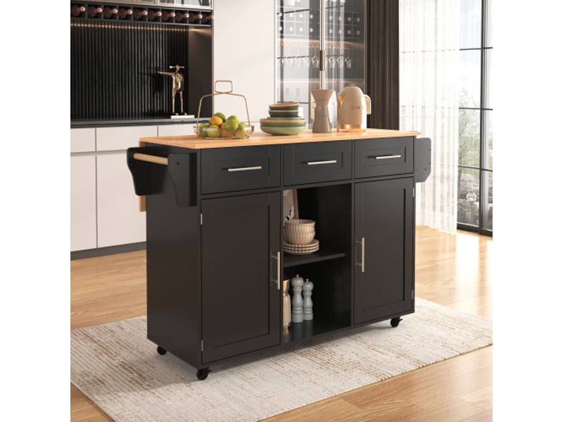  Chariot de service noir 139x46(71)x91,5 cm, plateau bois massif rabattable, porte, roulettes, pieds amovibles - cuisine  - Conforama E