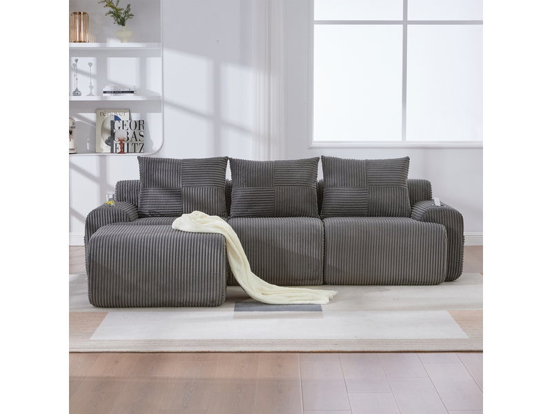  Canapé modulaire 3 places avec pouf gris foncé - 268 x 174 x 80 cm avec porte-gobelet intégré  - Conforama D