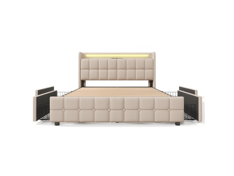 Lit avec rangement 160x200cm avec matelas sommier bois led usb c 4 tiroirs beige - Conforama A
