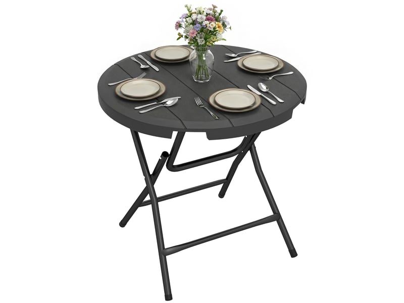  Table de jardin ronde et pliable pour 4 personnes, aspect bois, acier et plastique, gris foncé, 80 x 80 x 73 cm  - Conforama A