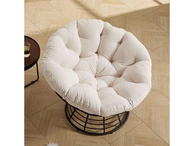  Fauteuil papasan pivotant à 360° en résine tressée - 92x92x67cm - coussin épais velours côtelé confortable - marron et blanc  - Conforama D