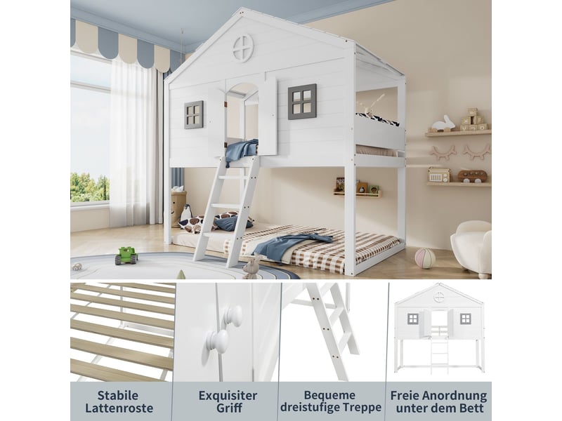  Lit mezzanine enfant 90x200, design cabane sécurisé lit mezzanine escalier, structure bois, garde-corps  - Conforama D