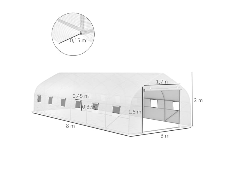  Serre de jardin tunnel grande taille avec bâche pe cadre en acier porte enroulable et 12 fenêtres 8 x 3 x 2 m blanc  - Conforama E