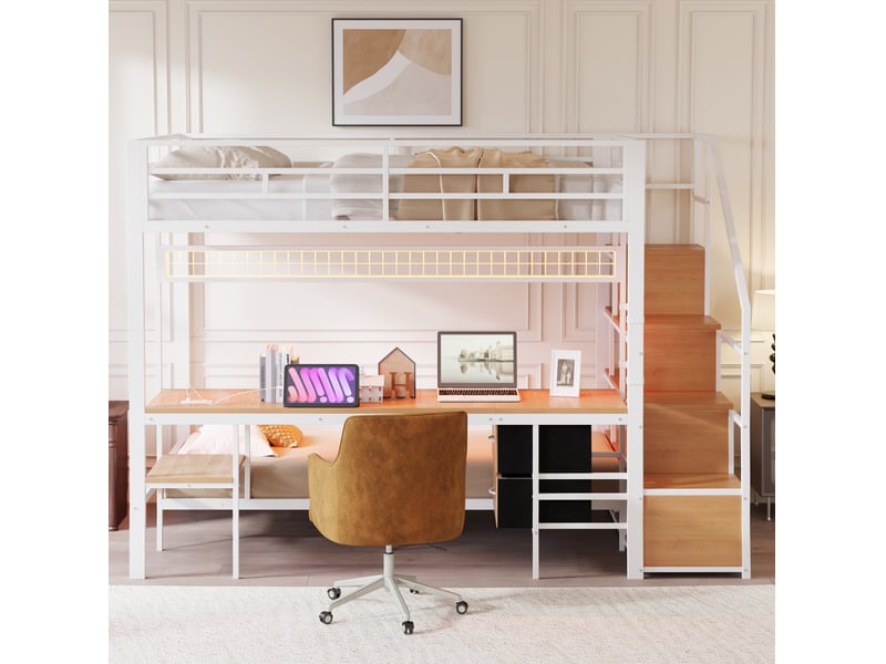  Lit mezzanine combiné 140x200 cm avec lit inférieur, bureau et led blanc  - Conforama E