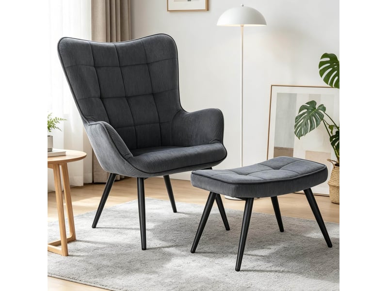  Fauteuil avec repose-pieds en velours côtelé gris foncé  - Conforama D