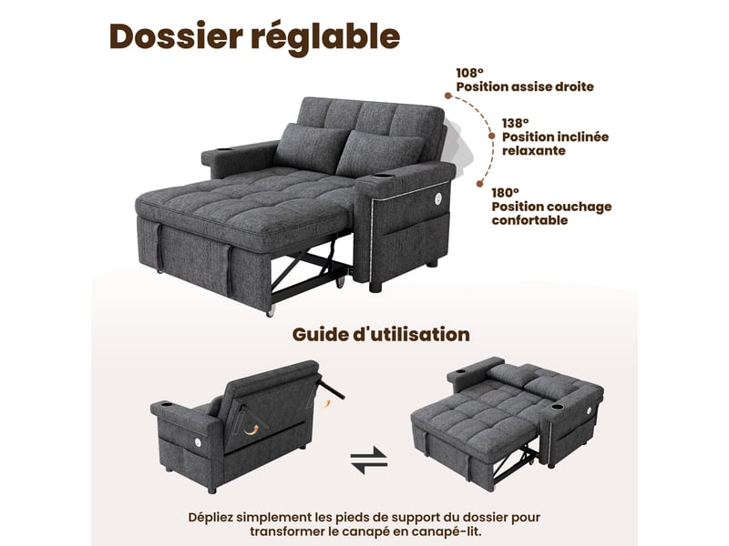 Canapé convertible 2 places 145 x 141,5 x 90 cm, éclairage led, usb et usb-c, dossier réglable, porte-gobelets pour salon - gris - Conforama E