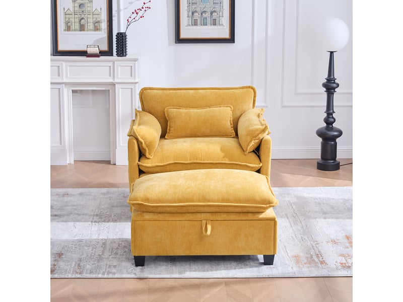  Fauteuil de détente 103x85x91 cm, avec pouf, sac de rangement, tissu chenille, jaune Cozy Nook - Conforama B