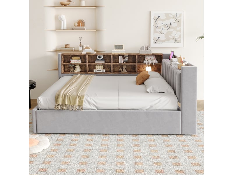  Lit banquette enfant 140 x 200 cm avec rangement hydraulique, veilleuse, usb et type-c, velours gris clair Fay Lum - Conforama E