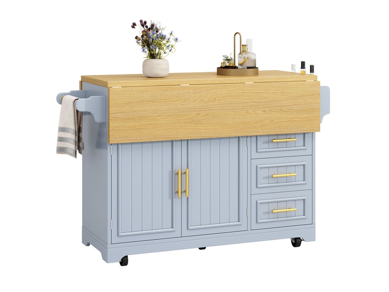  Îlot de cuisine, 120 × 40 × 95 cm, 2 portes et 3 tiroirs, mdf, bleu, roulettes verrouillables pour un déplacement facile  - Conforama A