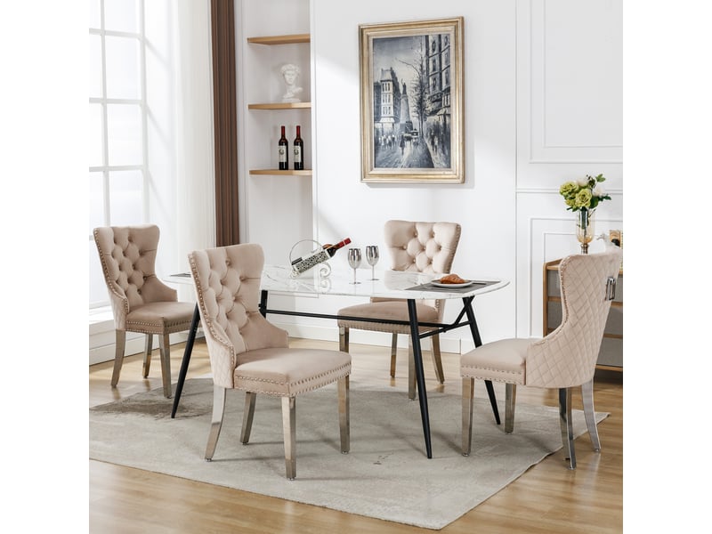  Chaise de salle à manger rembourrée avec dossier à boucle carrée et pieds métalliques en velours beige  - Conforama D