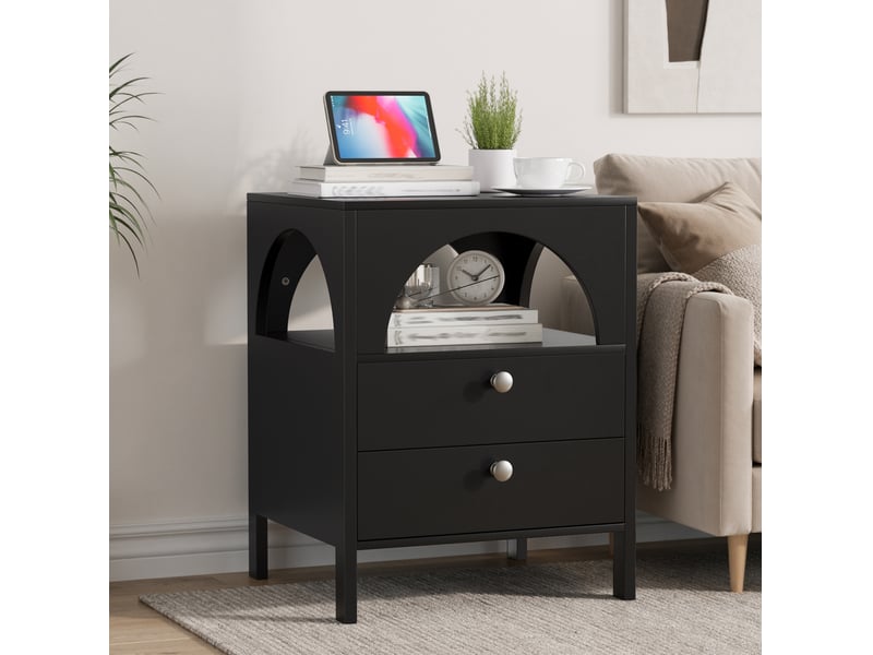  Table de chevet noire avec 2 tiroirs et 1 niche ouverte 45 x 40 x 58 cm  - Conforama D
