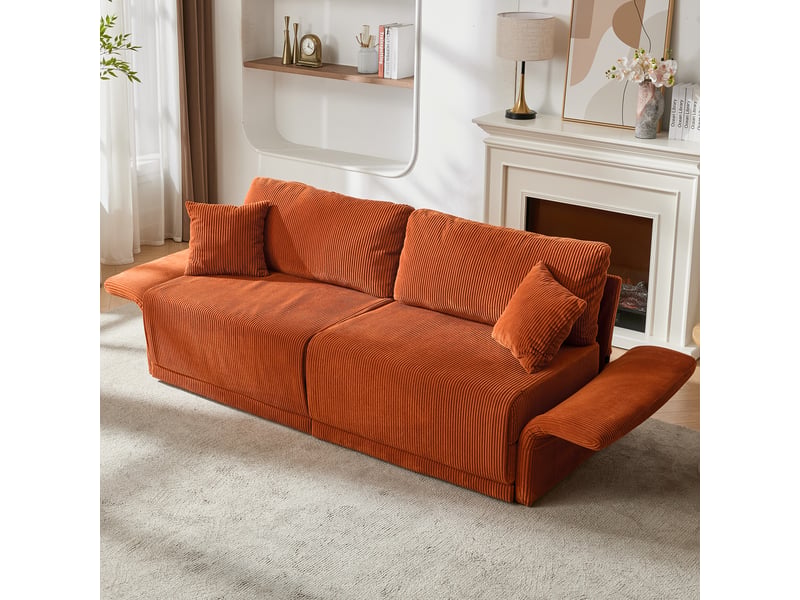  Canapé convertible en lit double  - accoudoirs en bois, velours côtelé orange 182 × 88 × 84 cm  - Conforama C