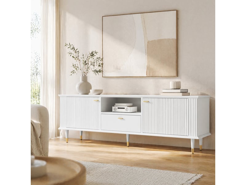  Meuble tv avec 2 portes, 1 tiroir, 1 niche et passe-câbles, fermeture douce, en mdf 170×36×54 cm blanc  - Conforama C