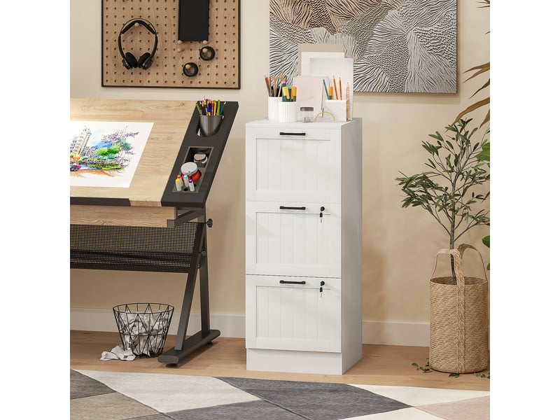  Caisson bureau, meuble rangement bois 3 tiroirs et serrure, barres de suspension réglables, 40 x 40 x 101 cm, blanc  - Conforama D