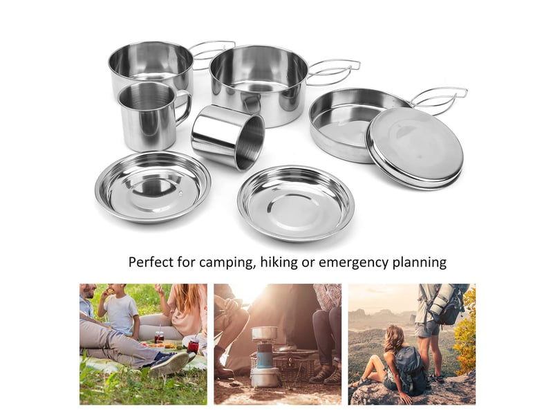  Kit de cuisine de camping portable 8 pièces en acier inoxydable pour randonnée, casserole, poêle, tasse pour pique-nique  - Conforama C