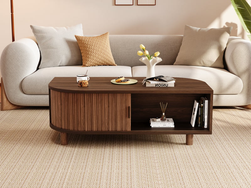  Table basse 100x50x35 cm couleur noyer en mdf et panneau de particules avec 2 portes coulissantes rangement 4 pieds en bois evarich - Conforama B