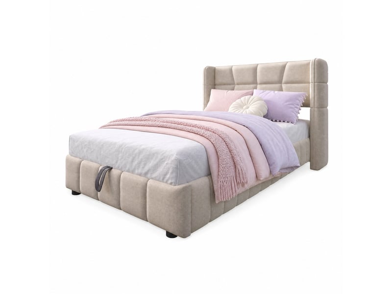  Lit coffre 90x200 cm avec rangement et mécanisme de levage en tissu beige  - Conforama A