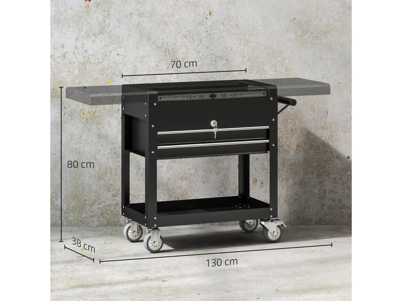  Servante d'atelier à roulettes 130 x 38 x 80 cm noire en acier, 2 tiroirs verrouillables, plan de travail extensible  - Conforama C