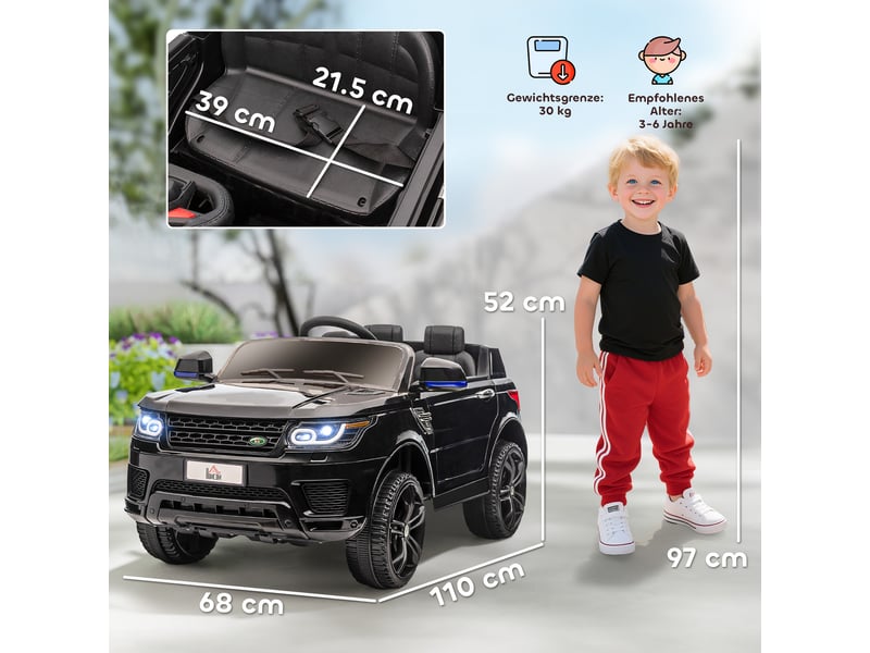  Voiture suv électrique pour enfants, jusqu'à 5 kmh, avec ceinture de sécurité, télécommande, phares, fonction musique, noire  - Conforama E