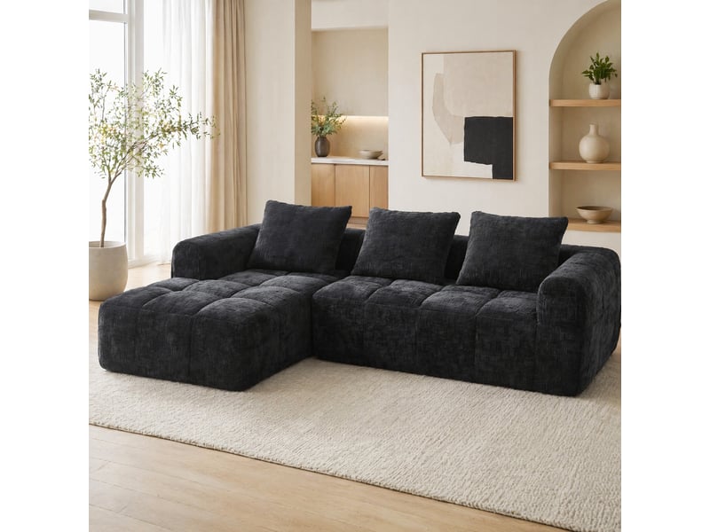  Canapé d'angle 3 places en chenille noir avec chaise longue et 3 coussins  - Conforama D
