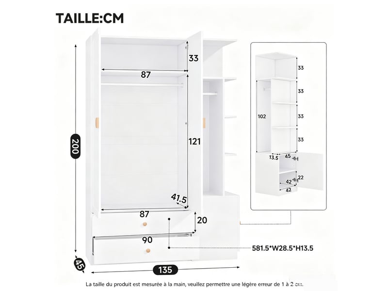  Armoire multifonction à portes battantes, 200 x 135 x 45 cm, 2 tringles, 2 tiroirs, 4 poignées en bois massif, pour chambre, blanc  - Conforama C