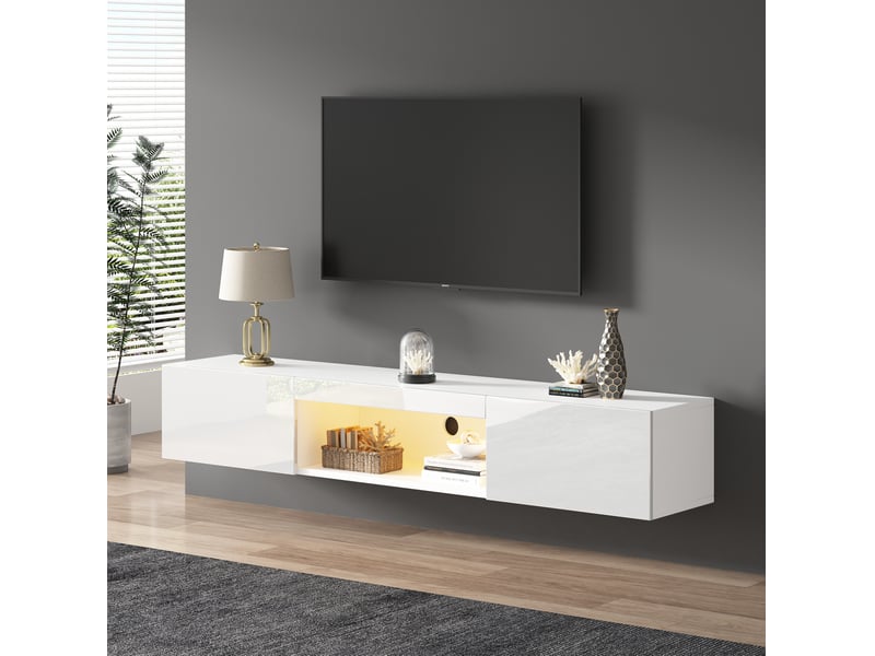  Meuble tv mural blanc brillant 160 x 31 x 22 cm avec éclairage led  - Conforama C