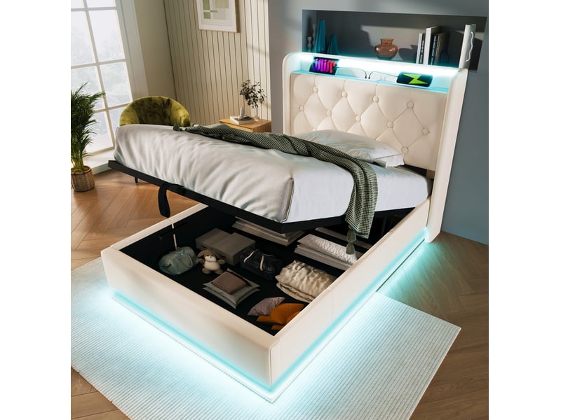  Modenvie lit coffre 90x200 cm - led 360, usb et usb-c, avec matelas inclus - blanc  - Conforama E