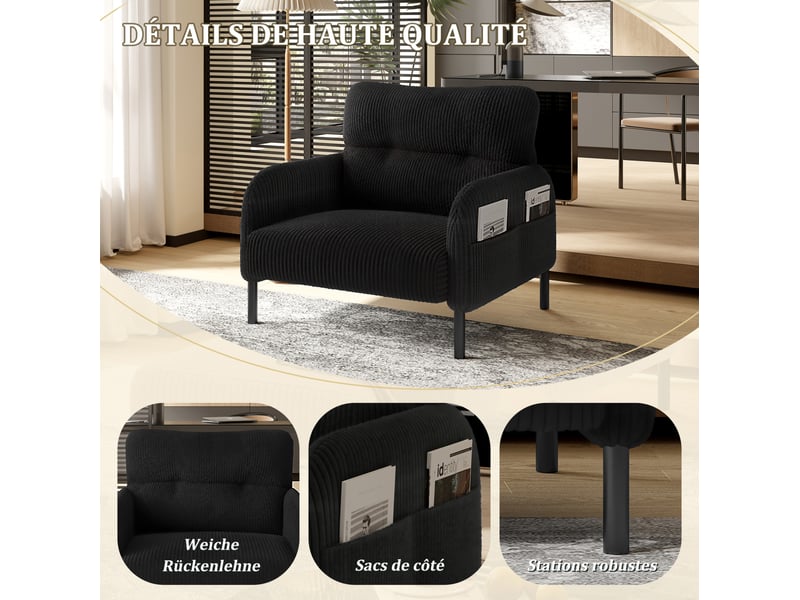  Fauteuil profond 67x75x79 cm accoudoirs avec poche tissu velours côtelé structure métallique solide design épuré noir  - Conforama E