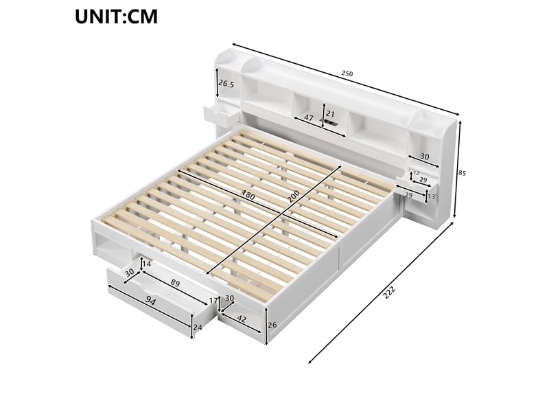 Cadre de lit plateforme modenvie 180 x 200 cm avec rangement, 3 tiroirs, led et usb blanc  - Conforama C