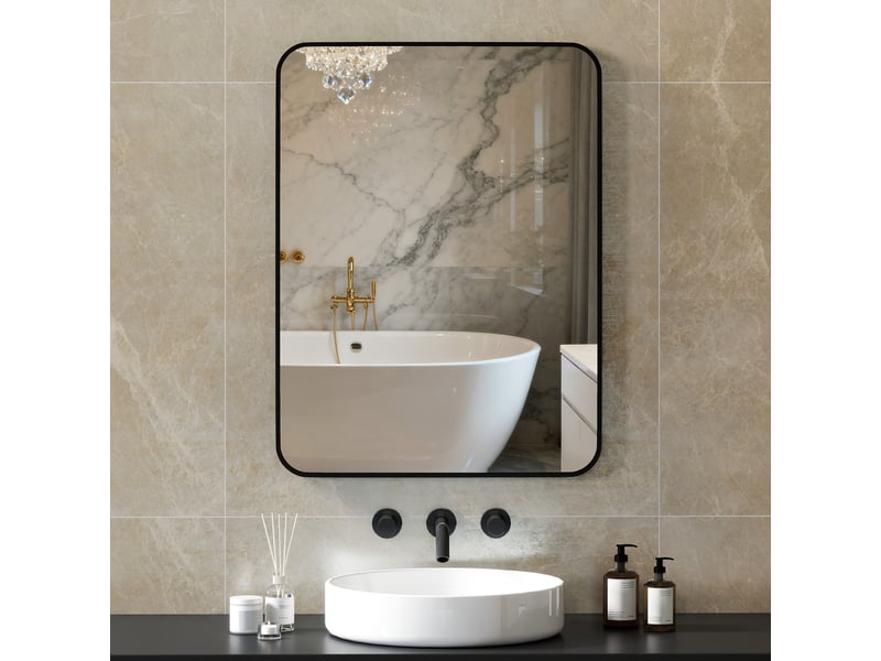  Miroir de salle de bain avec cadre en métal et crochet, 60 x 2,5 x 80 cm, noir  - Conforama C